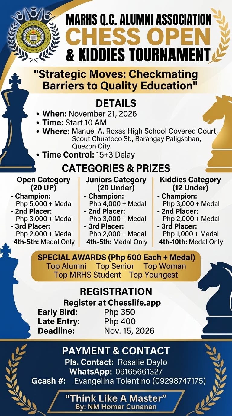MARHS Q.C. ALUMNI ASSOCIATION CHESS OPEN & KIDDIES TOURNAMENT - OPEN CATEGORY 12 Under logo