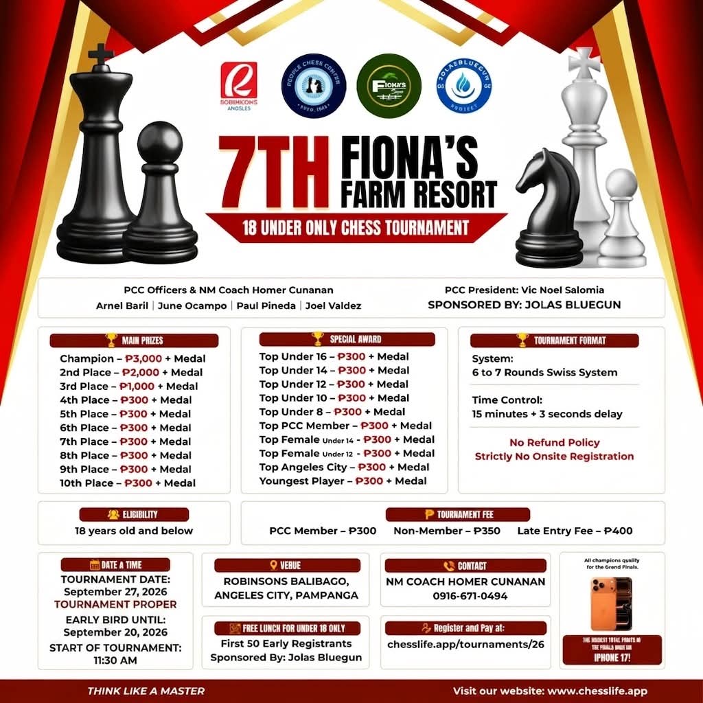 7th FIONAS FARM RESORT SUPER RAPID 18 UNDER OPEN CHESS TOURNAMENT 2026 logo
